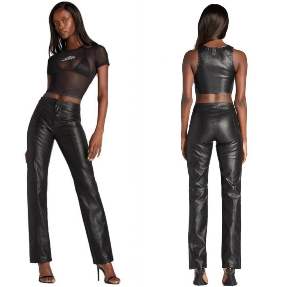 I AM GIA Women Saros Faux Leather Pants Mid Rise Straight Leg Black